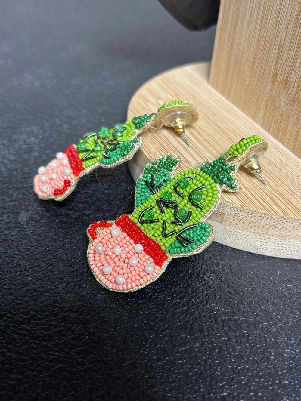 Beaded Cactus Polka Dot Planter Dangle Earrings - Green & Coral